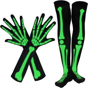 Detail of neon green skeleton bone prints on black Halloween long gloves and stockings