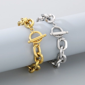 Gold and silver chunky stainless steel cuban chain bracelets with OT toggle clasp