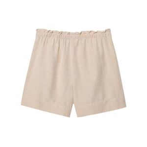 Detail view of beige linen-blend shorts with elastic drawstring waist and ruffled trim