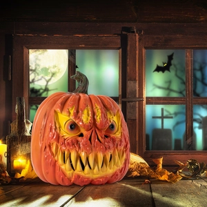 Spooky Halloween pumpkin monster ornament with sharp teeth on a rustic wooden table