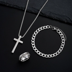 Silver stainless steel set featuring cross pendant necklace, bracelet, and rotating ring