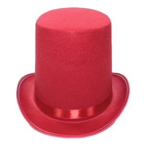 Detail of red high top hat with matching satin ribbon for magic shows and parties