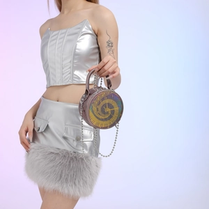 Deep purple laser clock round handbag with golden dial and silver metal chain strap