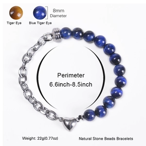 Magnetic heart couple bracelet with blue tiger eye beads and stainless steel chain
