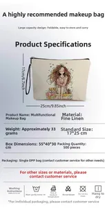 Linen makeup bag with cartoon girl print and metal zipper, 17x25cm size detail view