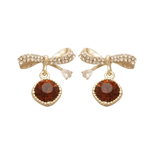 Elegant gold bow earrings with crystal pave and round orange-brown gemstone pendants