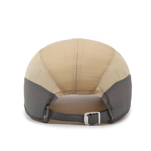 Rear detail of quick-dry baseball cap with mesh panels and adjustable metal buckle