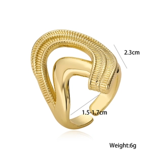 Adjustable 18k gold plated geometric open ring with dual texture and size specifications