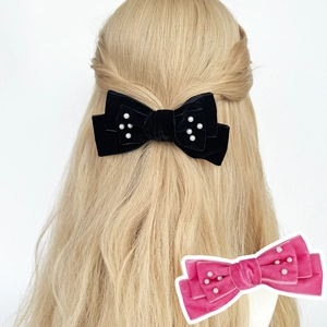 French Vintage Velvet Bow Hair Clip With Faux Artificial Pearl Elegant Satin Hair Accessories For Women Duckbill Clip Headwear Gift