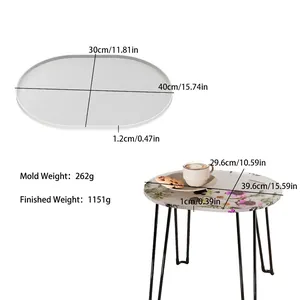 Macro detail of oval silicone mold with table plate dimensions and weight specifications