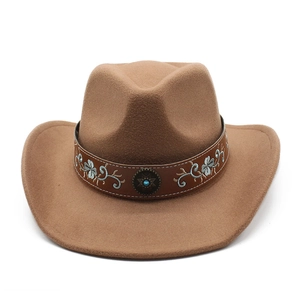 Detail of wool cowboy hat with embroidered leather band and turquoise metal buckle
