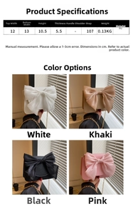 Detailed size chart and multi-color showcase of the stylish bow crossbody shoulder bag.