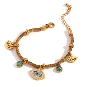 Gold plated mesh chain bracelet with evil eye pendant and turquoise bead decoration