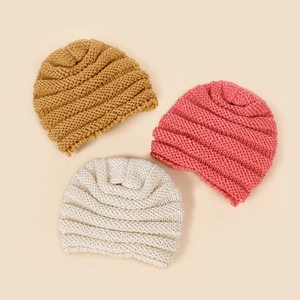Berretti a maglia per neonati con fiocchi in marrone, rosa e beige trama a costine