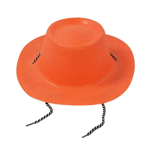 Glitzernder orangefarbener Cowboy-Partyhut mit Pailletten und gestreiftem Kordelzug