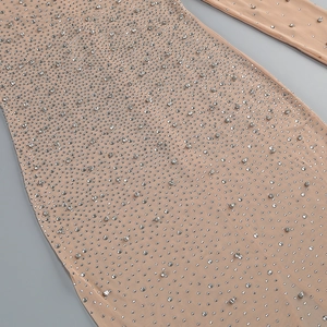 Detailed close-up of premium nude mesh fabric with intricate silver rhinestone embellishments