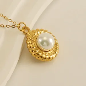 Collier Pendentif Künstliche Perle Tournesol Acier Inoxydable Plaqué Or 18K Style Français Vintage Texture Corde Rond Bijoux Pour Femmes
