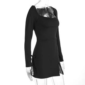 Detail of black square neck mini dress with side slit and lace-up cuffs on sleeves