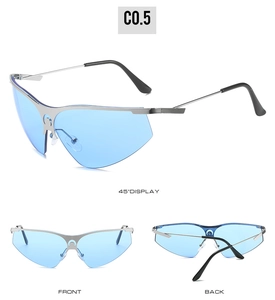 Three-view display of futuristic rimless cycling sunglasses with blue lenses and silver frame