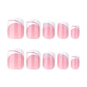 French tip press-on nails with white wavy swirl patterns on pink base short square shape