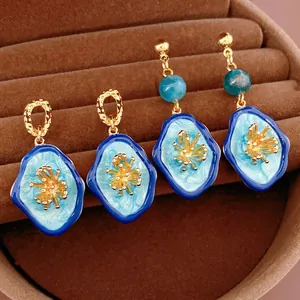 Vintage Enamel Flower Dangle Earrings With Silver Earring Post Alloy Blue Gold Retro Geometric Jewelry For Women