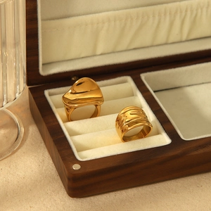 Modern 18k gold plated stainless steel wide rings set in luxury wooden jewelry box