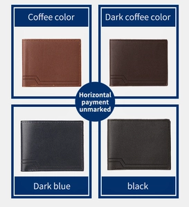 Mens slim leather wallet shown in four colors: black, coffee, dark blue, and dark brown