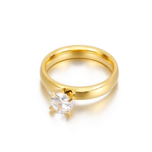 Polished gold titanium steel ring with 4mm square zircon stone in classic four-claw setting