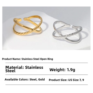 Detail showing cross-line adjustable stainless steel ring in gold and steel finishes