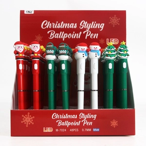 Detail of Christmas themed 0.7mm LED ballpoint pens featuring Santa and Snowman shapes
