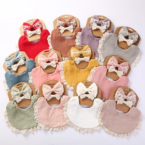 Baby Bib Headband And Hairclips Cotton Muslin Lace Waterproof Layered Gauze Adjustable Snaps Vintage Floral Infant Toddler