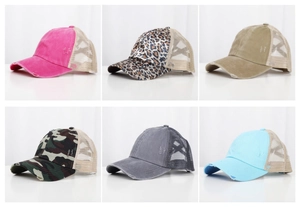 Collage of six washed ponytail baseball caps in leopard and solid colors with mesh back