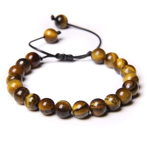 Handmade woven Tiger Eye stone bracelet with adjustable black rope for men and women