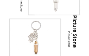 Detailed view of Hamsa Hand keychain with picture stone hexagonal crystal pendant