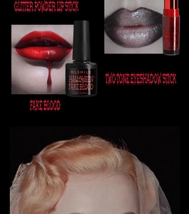 Halloween-Make-up-Set mit 4 ml Kunstblut-Fläschchen und mattem Lippenstift auf schwarzem Grund