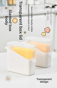 Macro view of white plastic cheese slice storage box with transparent flip lid