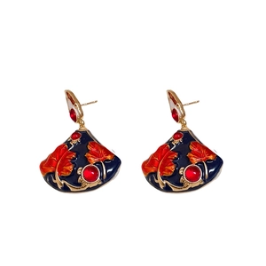 Vintage fan-shaped enamel earrings with red maple leaf pattern and blue finish