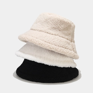 Minimalist thick plush bucket hat set for women in beige white and black
