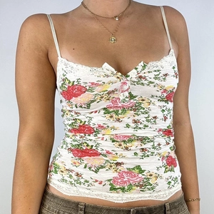 Floral Print Camisole Women Lace Trim Button Front Slim Fit Polyester Spandex Tank Top Vintage Casual Sleeveless Summer