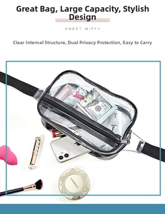 Detail view of transparent PVC waist bag with black strap and double zipper storage
