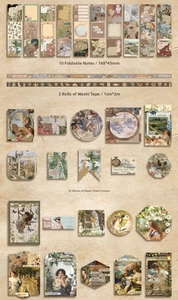 Detailed view of vintage stationery set with classical art washi tapes and frames
