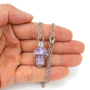 Handmade silver wire wrapped purple crystal mushroom pendant necklace with thin chain link
