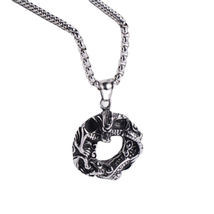 Vintage stainless steel dragon pendant necklace with ancient silver finish on box chain