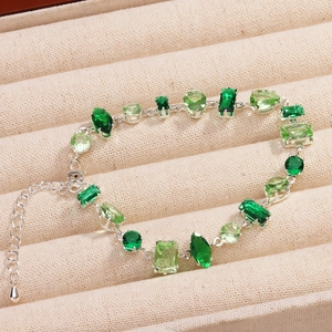 Fashion green zircon multi-shape gemstone bracelet with adjustable silver finish chain