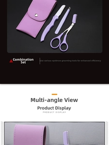 Purple eyebrow grooming set featuring folding razor, tweezers, scissors, and leather case