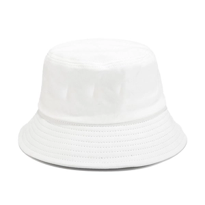 Close-up of a white cotton bucket hat with parallel stitching details on the wide brim