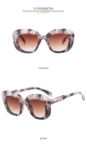 Front and side views of tortoise shell sunglasses with embossed frame and tea lenses