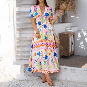 Bohemian V-neck printed mini dress with high waist and colorful abstract pattern