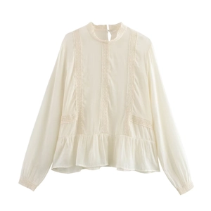 Women Chiffon Blouse Elegant Lace Patchwork Long Sleeve Stand Collar Ruffle Hem Romantic Mori Style Top Cream Off White