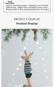 Detail of wooden Christmas reindeer decor with striped pattern and cozy fur collar